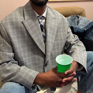 Men's Grey Glen Plaid Blazer with Subtle Blue Windowpane